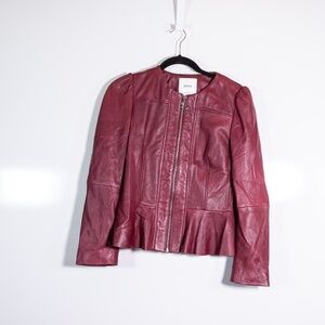Mango Women's Genuine Leather Full Zip Up Ruffle Peplum Trim Jacket Burgandy XS